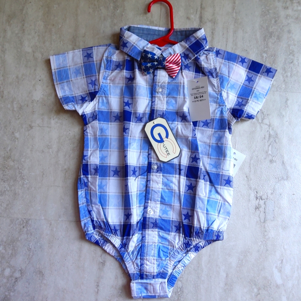 Baby Boy Patriotic 2-Piece Plaid Onesie with Bow-tie Outfit 18M-24M